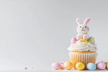 Poster - Cute Easter cupcake featuring a happy bunny and vibrant candy eggs creating a joyful celebration atmosphere : Generative AI