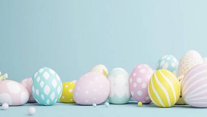 Poster - Colorful Easter eggs arranged beautifully on a delicate blue background for festive celebrations : Generative AI