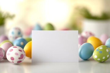 Poster - Easter eggs in various colors arranged around a blank card for personalized seasonal greetings : Generative AI