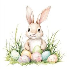 Poster - Endearing bunny surrounded by assorted Easter eggs in a lively green grass setting perfect for springtime festivities : Generative AI