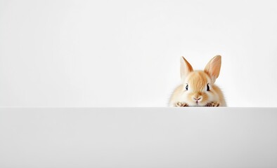 Poster - Charming baby rabbit looking curiously over a white surface with a striking pastel tone : Generative AI