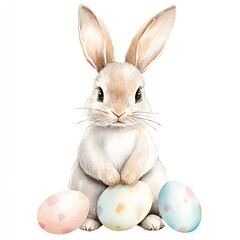 Poster - Charming watercolor bunny holding pastel Easter eggs in a joyful scene : Generative AI