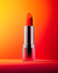 Poster - Vibrant close-up of a stylish red lipstick against a bold orange and yellow gradient background : Generative AI