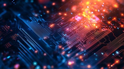 Poster - Abstract Technology Background Digital Circuit Board Glowing Lines Red Blue Neon Futuristic HighTech Innovation Modern Design Electronic Network      