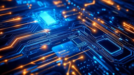 Poster - Abstract Digital Circuit Board Technology Background Blue Orange Glowing Lines Futuristic HighTech Electronic Microchip Pattern Modern Design         