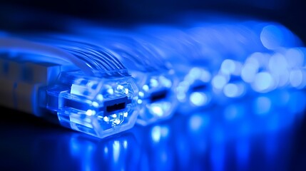 Poster - Abstract Blue Fiber Optic Cables Technology Background Digital Network Internet Connection Modern Futuristic Design High Definition Closeup Detailed  