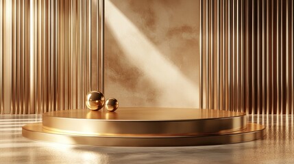 Poster - 3D render of glossy golden luxury podium with abstract minimal geometric shapes, creating a sleek and elegant design for showcasing cosmetic products in a high-end display