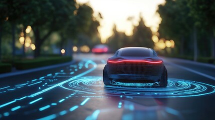 Poster - A 3D render of an autonomous vehicle in a virtual environment, testing different road conditions and scenarios, symbolizing innovation in transportation technology
