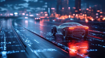 Poster - A 3D render of an autonomous vehicle in a virtual environment, testing different road conditions and scenarios, symbolizing innovation in transportation technology