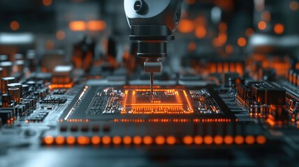 Poster - A 3D-rendered image of robotic soldering and assembly of a printed circuit board (PCB) in a tech environment, with laser precision and clean automation