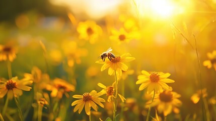 Poster - A bee gently landing on yellow flowers in a meadow at sunset, capturing the peaceful essence of nature and the beauty of a warm evening scene