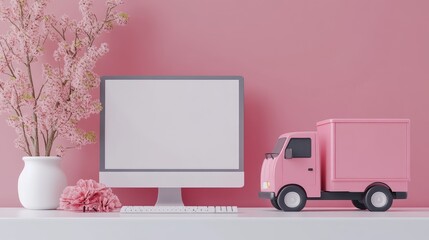 Poster - A charming pink delivery truck cartoon next to a blank white computer screen, creating a bright, playful atmosphere with room for text