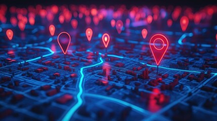 Poster - A city map with neon red and blue map pins glowing on the dark background, with other pins scattered across, symbolizing location and mapping technology