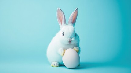 Poster - A clean, minimalist studio shot of a white bunny rabbit holding a solid light Easter egg, set against a soft light blue background, conveying a tranquil Easter mood