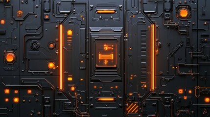 Poster - Abstract Futuristic Technology Panel Dark Orange Glowing Lines Detailed Sci Fi Industrial Design Background Image Digital Art Modern Technology       