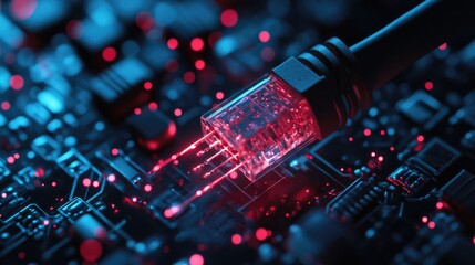 Poster - A close-up of a glowing Ethernet cable, with red sparks symbolizing network breaches, set in a cyber-themed dark background, representing the threat of unauthorized access
