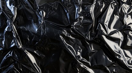 Fototapete - A detailed texture shot of a black plastic bag, showcasing its crinkled surface and smooth finish, creating a unique abstract background for creative projects