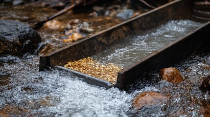 Poster - A detailed view of a sluice box being utilized in a river for gold panning, capturing the technique of separating gold from sediment