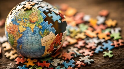 Poster - A globe-shaped puzzle being assembled, representing the idea of global cooperation and unity, with colorful pieces fitting together