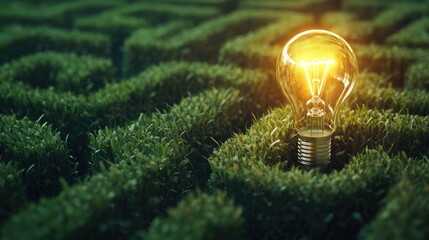 Poster - A glowing lightbulb at the heart of a vast green maze, representing a breakthrough idea or solution within a challenging, intricate problem, casting a sense of discovery