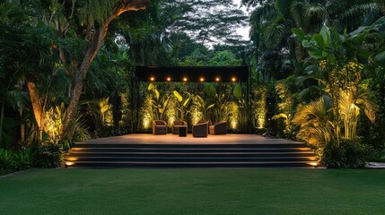 Poster - A minimalist stage setup with soft lighting, surrounded by lush greenery, ideal for presentations or performances in an elegant outdoor setting