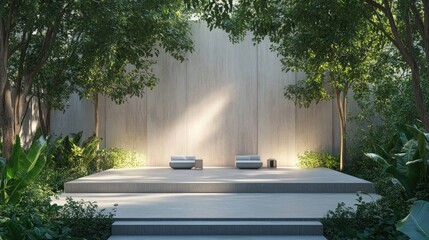 Poster - A minimalist stage setup with soft lighting, surrounded by lush greenery, ideal for presentations or performances in an elegant outdoor setting