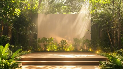 Poster - A minimalist stage setup with soft lighting, surrounded by lush greenery, ideal for presentations or performances in an elegant outdoor setting