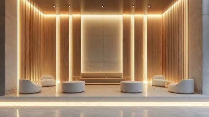 Poster - A modern, empty cafe with wooden and concrete walls, stylish furnishings, and soft lighting, rendered in 3D for a sleek, contemporary vibe