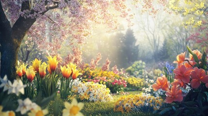 Poster - A peaceful Easter garden bathed in soft morning light, with blooming lilies, tulips, cherry blossoms, and daffodils swaying gently in the breeze, evoking serenity and beauty