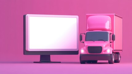 Poster - A pink cartoon delivery truck next to an empty white computer screen with radiant text, symbolizing modern delivery services and digital solutions