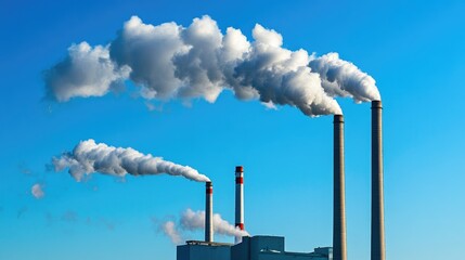 Poster - A power plant with chimneys emitting smoke against a clear blue sky, illustrating the contribution of industrial pollution to global warming and climate change