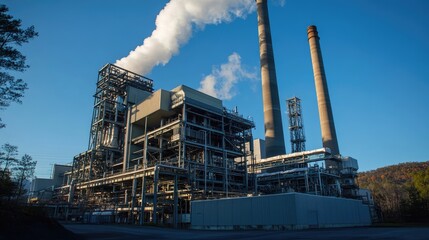 Aufkleber - A power plant emitting smoke from tall smokestacks, polluting the air and contributing to global warming, highlighting the environmental impact of industrialization