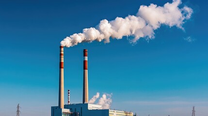 Poster - A power plant with chimneys emitting smoke against a clear blue sky, illustrating the contribution of industrial pollution to global warming and climate change