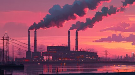 Poster - A power plant with large chimneys emitting smoke at sunset, representing the environmental impact of industrial activity and global warming