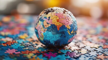Poster - A puzzle shaped like a globe, with pieces coming together to symbolize global unity and connection, set against a bright background