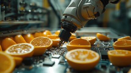 Aufkleber - A robotic arm performing soldering and assembly on a printed circuit board (PCB) in a high-tech manufacturing environment, showcasing precision and technology