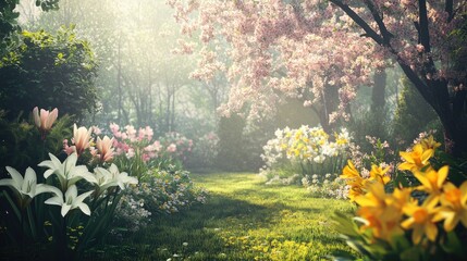 Poster - A serene Easter garden with blooming lilies, tulips, and daffodils, touched by soft morning light and the scent of cherry blossoms, creating an atmosphere of peace and renewal