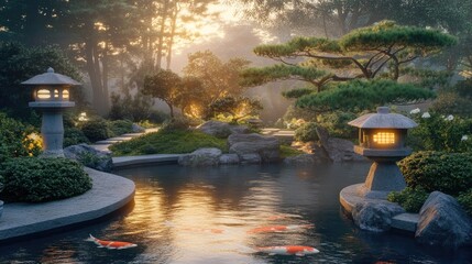 Poster - A serene Japanese garden at sunset, featuring a koi pond, stone lanterns, and bonsai trees, with the soft glow of evening light creating a peaceful and calm atmosphere