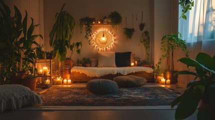 Poster - A serene space with plants, candles, and soothing lighting, providing a peaceful atmosphere ideal for relaxation and self-care