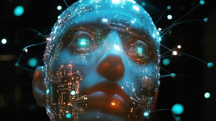 Poster - Futuristic Digital Humanoid Head Artificial Intelligence Network Neural Connections Abstract Technology Concept Modern Digital Art High Tech          