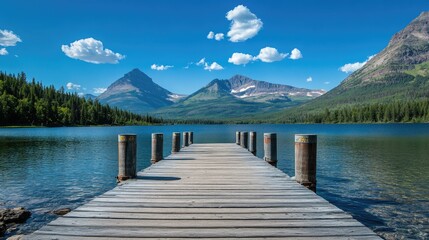 Poster - A serene wooden pier extending into a calm lake, with mountains in the background, under a clear summer sky, capturing the essence of nature's beauty