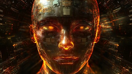 Poster - Digital Humanoid Face Circuitry Glowing Orange Abstract Technology Artificial Intelligence Futuristic Robot Head Cyborg 3D Render ai data dark wires  