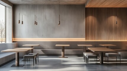 Poster - A sleek, modern cafe interior featuring wooden and concrete elements, with empty tables and soft lighting in a 3D render, offering a clean, minimalist aesthetic
