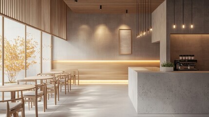 Poster - A sleek, modern cafe interior featuring wooden and concrete elements, with empty tables and soft lighting in a 3D render, offering a clean, minimalist aesthetic