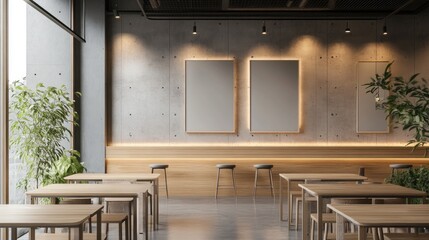 Poster - A sleek, modern cafe interior featuring wooden and concrete elements, with empty tables and soft lighting in a 3D render, offering a clean, minimalist aesthetic