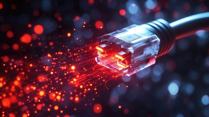 Poster - A striking image of a glowing Ethernet cable with red sparks, symbolizing hacking and unauthorized access, set in a dark, digital environment with intense lighting