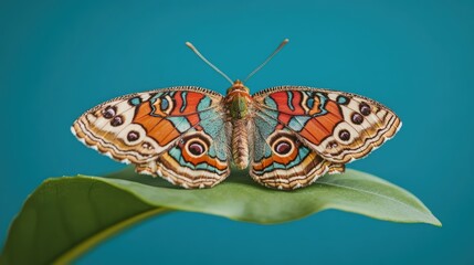 Poster - A vivid butterfly perched on a fresh green leaf, with a blue background highlighting the intricate patterns and vivid hues of the insect's wings