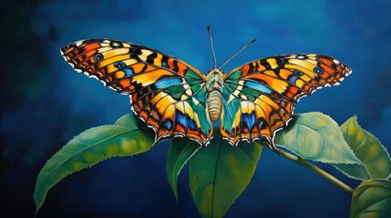 Poster - A vivid butterfly perched on a fresh green leaf, with a blue background highlighting the intricate patterns and vivid hues of the insect's wings