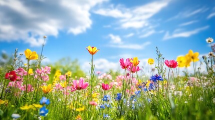 Poster - A vivid spring scene showcasing a field of blooming flowers under the clear blue sky, symbolizing the season of awakening with vibrant colors and fresh greenery