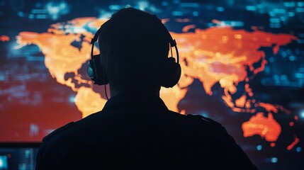 Poster - Silhouette Person Wearing Headphones Global Map Background Digital World Technology Data Analyst Monitoring Network Security System Information       